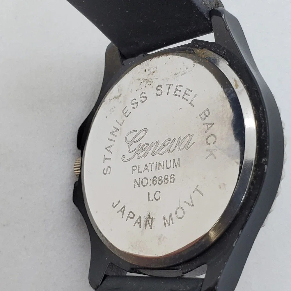 38MM Women Watch Black Dial Crystal Bezel Black Plastic‎ Band Straps New Battery